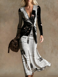 3D Geometric Line Pattern V-Neck Long-Sleeve Womens Dress