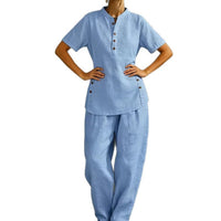 Womens Comfortable Linen Two-Piece Set Button-Up Shirt And Wide-Leg Pants