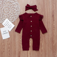 Solid Color Round Neck Long Sleeve Button Hair Band One-piece Romper