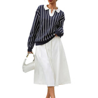 College Street Fashion Polo Collar Stripes Women's Sweater