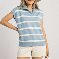 European And American-style Lapel-collar Casual Striped Sleeveless Sweater For Petite Figures