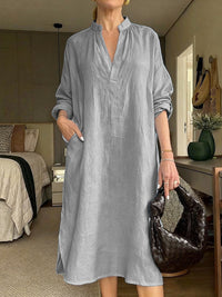 Womens Retro Cotton-Linen Long-Sleeve V-Neck Pocket Dress