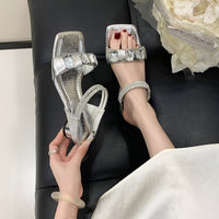 2026 Early Spring Fairy-Inspired Crystal & Rhinestone Sandals For Women, Sheer One-Strap Mid Block Heel Design, Trendy Outdoor Fashion Shoes
