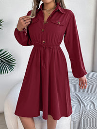 Women  Casual Button Tie Waist Long Sleeve Shirt Dress