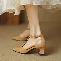 French Retro Square Toe Chunky Heel Wine Red Sheepskin Leather Shoes