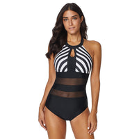 Backless Striped Stitching One-piece Swimsuit Women's Plus Size Swimsuit