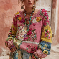 Womens Retro Patchwork Floral Padded Crew-Neck Sweatshirt