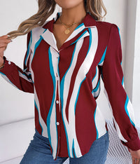 Women's Casual Versatile Color Block Stripe Notched Lapel Long Sleeve Shirt