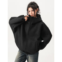 Womens Relaxed-fit American-style Hooded Cardigan With A Stand-up Collar