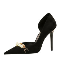 Shallow-toe Pointed-toe Pearl-embellished Metallic Chain Side-cutout Pumps