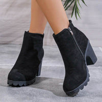 Chunky Heel Round Toe Side Zipper Ankle Boots