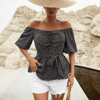 Womens Stylish Waist-cinching Off-shoulder Short-sleeve Top
