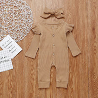 Solid Color Round Neck Long Sleeve Button Hair Band One-piece Romper
