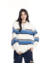 American-style Vintage Stripe Lapel Half Zipper Sweater