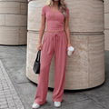 Solid-color Casual Chic V-neck Short-sleeve Top And Wide-leg Pants Set