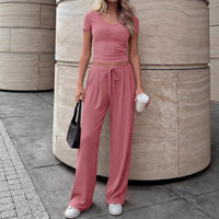 Solid-color Casual Chic V-neck Short-sleeve Top And Wide-leg Pants Set