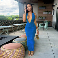 Slim-fit Deep V-neck Metal Halter Maxi Dress