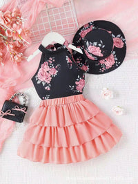 Printed Halter Top Cake Skirt With Hat Suit
