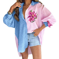Temperament Floral Print Lapel Stripe Shirt Front Short Back Long Loose Casual Versatile Top