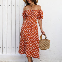 Women's Floral Print Square-Neck Lace-Up Dress With Chiffon Ruffles