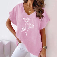 Womens Casual Cotton-Linen Short-Sleeve Batwing T-Shirt With Floral Print And V-Neck