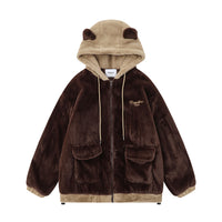 Cute Embroidered Bear Ear Hooded Lamb Plush Coat