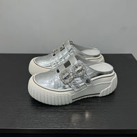 Women's Genuine Leather Platform Mules 2026 New Arrival, Square Buckle, Velcro, Rhinestone, Lazy Slip-on Closed-Toe Casual Slide Sandals