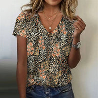 New Springsummer Womens Printed V Neck TopT Shirt