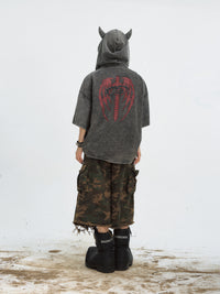 Dark Little Devil Worn Looking Washed-out Hooded T-shirt Black