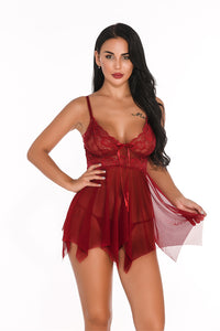 V-neck Open-back Lace Suspender Nightdress Set