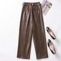 Womens Straight-Leg Leather Pants High-Waisted Fashionable Wide-Leg Pants