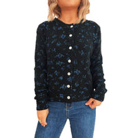 Simple Flower Print Cardigan Commuter Round Neck Knitted Sweater