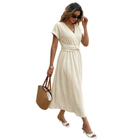 Solid-color V-neck High-waist Dress For Women