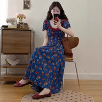 Womens Blue Square-Neck Floral Puff-Sleeve Dress