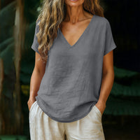 Women's Cotton-Linen Short-Sleeve V-Neck Pullover Top