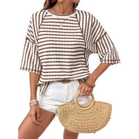 Casual Loose-fit Striped Crewneck Color-block Short-sleeve T-shirt