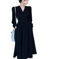 Elegant Long Sleeve V Neck Solid Color Dress