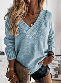 Solid-color Womens V-neck Long-sleeve Pullover Knit Top