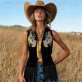 Casual Loose Retro Gold Embroidered Suede Fringe Vest Gilet