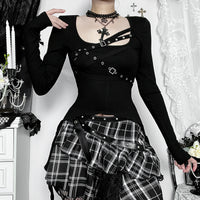 Dark-style Figure-hugging Edgy Long-sleeve Top With An Asymmetrical Design