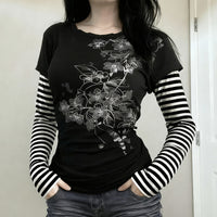 Women's Fake Two-piece Striped Long-sleeved Casual Top