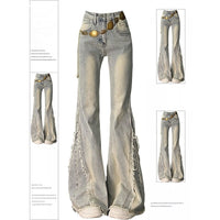 Plus-size American High-street Raw-edge Patchwork Bootcut Jeans
