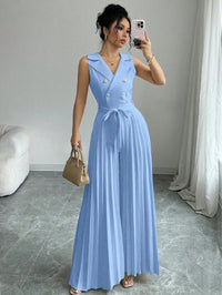 Suit Collar Bow Tie Belted Waist Pleated Jumpsuit