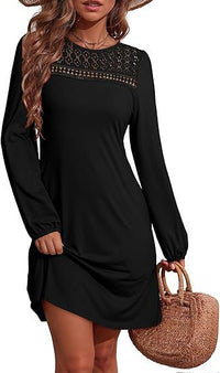 Long-sleeve A-line Solid-color Lace Loose Dress