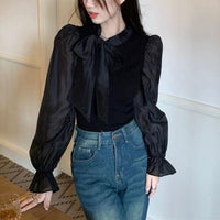 Stand Collar Tie-up Slim-fit Temperament Wild Stitching Shirt