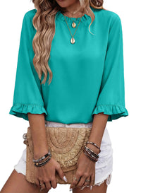 French-style Relaxed Ruffle-sleeve Solid-color Three-quarter-length Sleeve Chiffon Womens Top