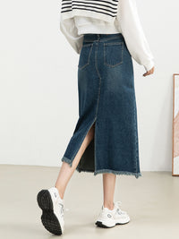 Women's Retro High Waist Raw Hem Denim Skirt