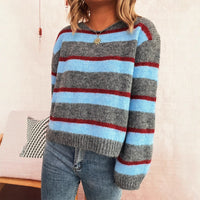 Striped Contrast Color Commuter Knit Casual Round Neck Long Sleeve Sweater