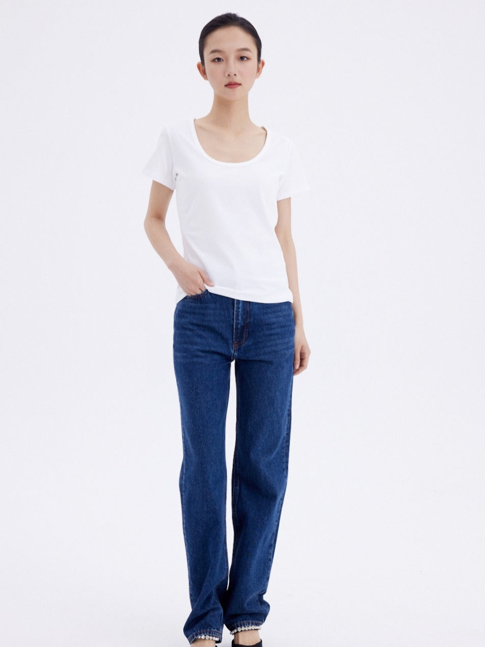 Simple Style Women's Dark Blue Small Straight-leg Jeans