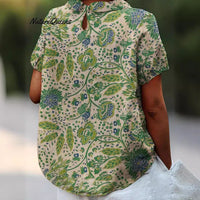 Fashionable Printed Short-Sleeve Floral Lapel Top For Women